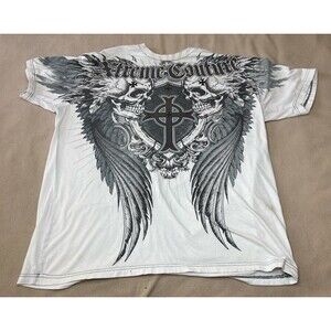 Xtreme Couture Shirt Mens 2XL White Wings Skull Graphic Gothic Biker Grunge AOP